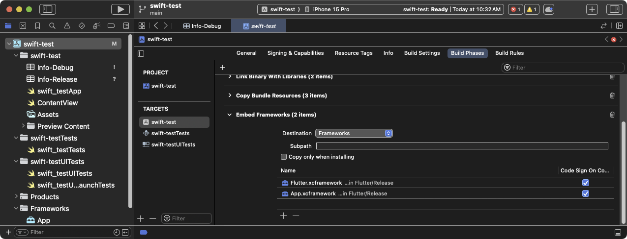The expanded **Embed Frameworks** build phase in Xcode