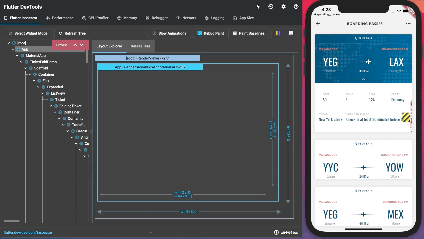 The flex explorer showing errors and device inspector